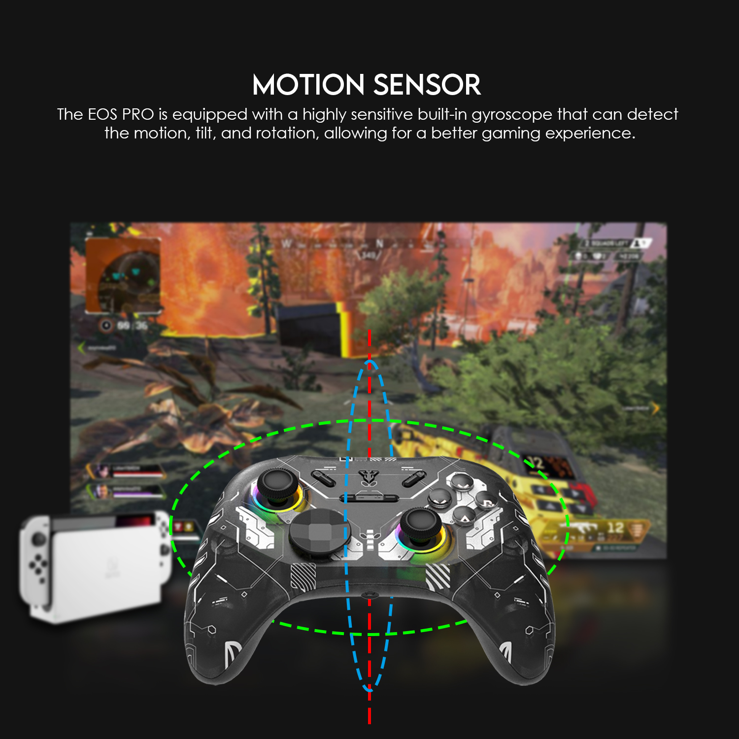 A large marketing image providing additional information about the product Fantech EOS Pro Gamepad Wireless Multi-Platform Hall-Effect Game Controller - Rainbow - Additional alt info not provided